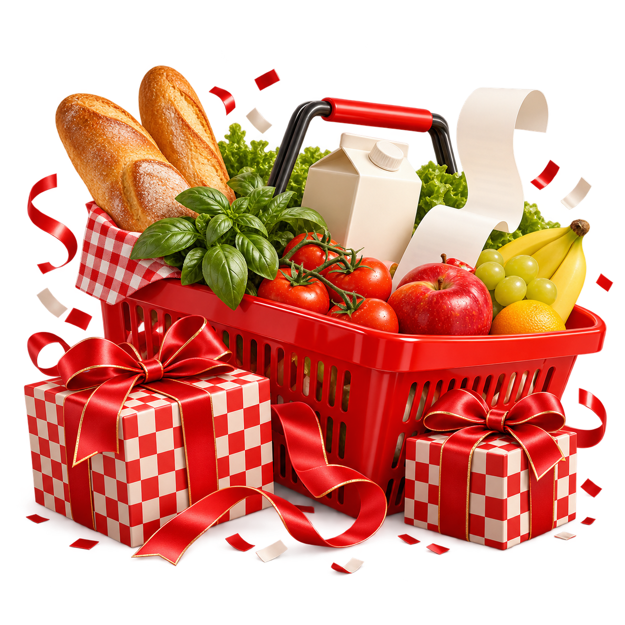 Coș de cumpărături cu alimente, bon și cadouri în carouri roșu-alb