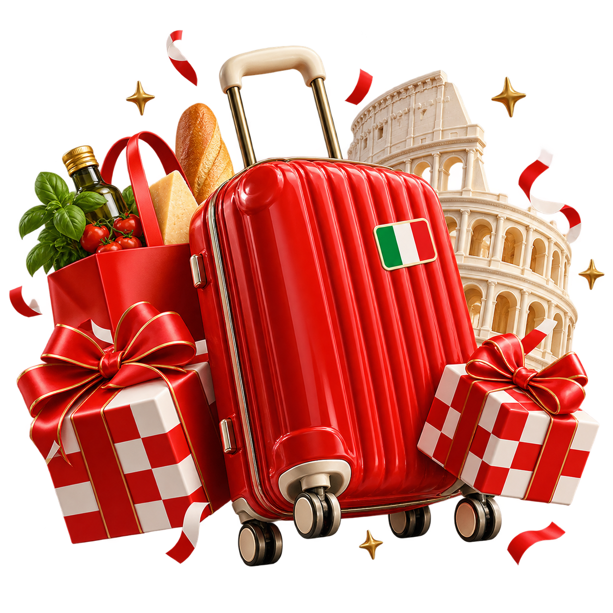 Bagaj de vacanță cu steagul Italiei, cadouri în carouri și produse alimentare